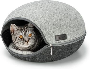 Lionto Cat Cave made of durable felt, cozy cuddle cave with zipper, 46x38x24 cm, comfortable and modern cat bed with soft and washable cushion, grey