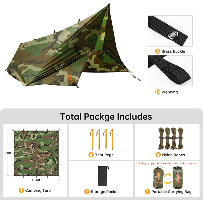 FREE SOLDIER Camo Tarp - 3m x 3.2m Waterproof Shelter - Ultralight Tent Footprint, UV Protection, Camping Sun Shade