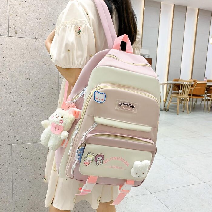 Набір шкільних рюкзаків IvyH 5-ти частинний: рюкзак для дівчинки, сумка для школи, підліткові рюкзаки, рюкзак для дівчаток 3-7 класів, набір шкільних сумок з пеналом та нагрудником, 45 см, рожевий 8583#