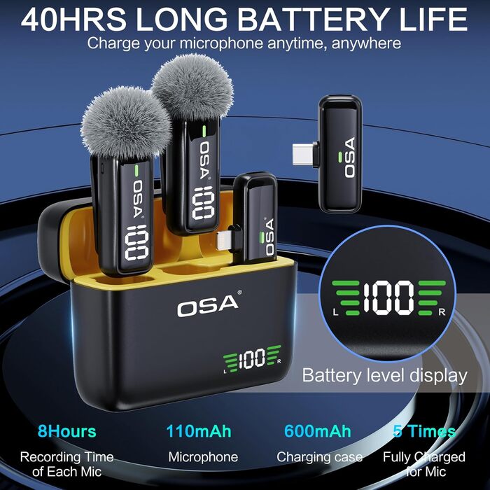 Бездротовий петличний мікрофон OSA: професійний комплект з двома мікрофонами, Plug-and-Play, для iPhone, Android, камери, ПК
