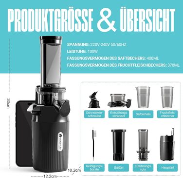 Ventray Ginnie Juicer | Slow Juicer with 60 RPM | 45mm Opening | Reverse Function and Two Filter Sizes | BPA Free | 100 Watts | Easy to Clean & Quiet | Slim Design, 400ml, Sky Blue