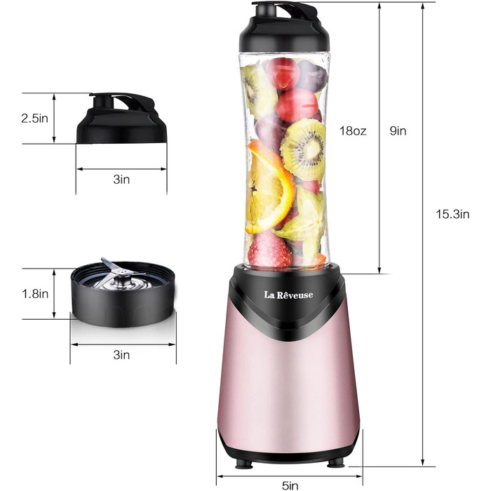 Блендер La Rêveuse Mix&Go: компактний ручний блендер з пляшками 550 мл, рожевий (300 Вт)