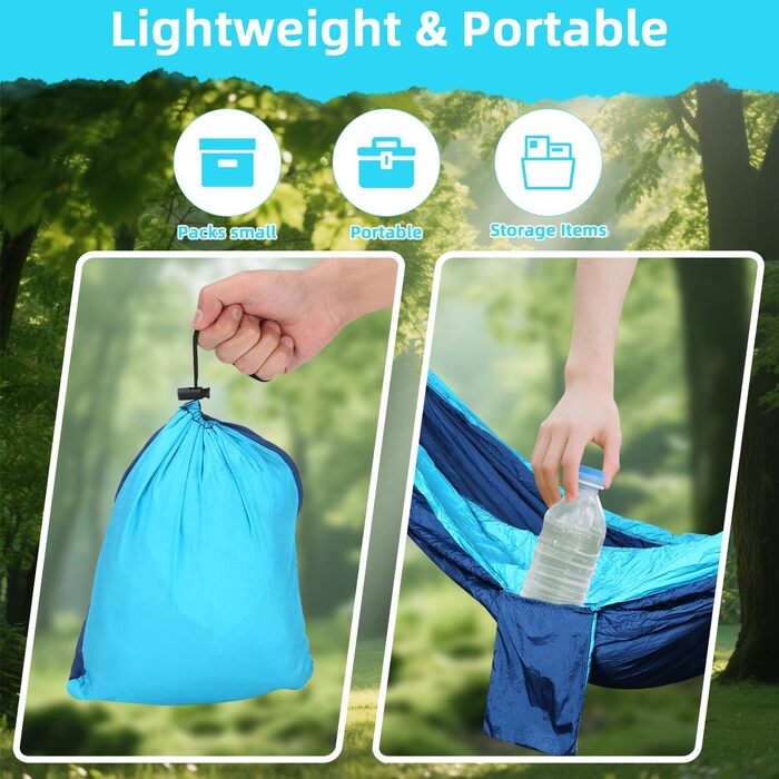 Гамак для відпочинку на природі: міцний, легкий, для кемпінгу, 300 кг, 300x200 см, односпальний/двоспальний, з нейлону, дихаючий, зелений/блакитний