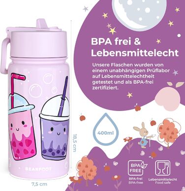 Дитяча термопляшка Bearfoot з нержавіючої сталі з трубочкою, 400 мл, без BPA, не протікає, для дівчаток та хлопчиків, ідеальна для школи та дитячого садка (Ліден - Bubbletea)