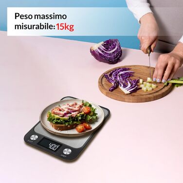 Кухонні ваги LEVADA PLUS - цифрові, 15 кг, з LCD-дисплеєм, з нержавіючої сталі, висока точність, компактні, чорні