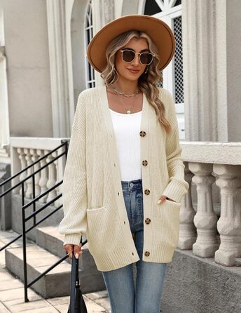 Жіночий в'язаний кардиган Zeagoo з довгим рукавом, вільний крій, V-подібний виріз, грубий в'язання, бежевий колір, для осені та зими