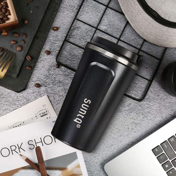 Термокружка для кави з нержавіючої сталі SUNTQ - 510 мл, з подвійними стінками, ізольована, з кришкою, що не протікає, багаторазова (Чорний)