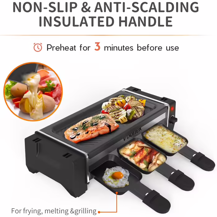 Raclette Grill for 2 People, Mini Raclette with 3 Pans, 3 Raclette Wooden Spatulas, Table Grill, Electric Korean BBQ Grill, Electric Grill with Non-Stick Coated Grill Plate, 700 Watts, Black