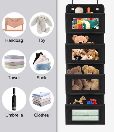 Настінна вішалка-органайзер на двері з 4 великими кишенями та прозорим вікном, 2 металеві гачки, чорний колір, для спальні, офісу, дитячої кімнати