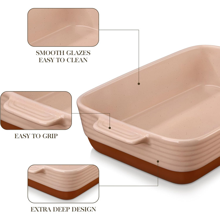 Форма для запікання MALACASA Serie TARA, 4.5л, кераміка, рожева, 35*23.8 см | Для лазаньї, тірамісу та запіканок