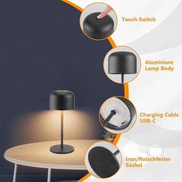 Акумуляторний LED світильник Klighten для столу, димуючий, чорний, алюміній, IP54, 21 см. 3 кольори світла (3000K-6000K), USB-C зарядка, комплект 2 шт.