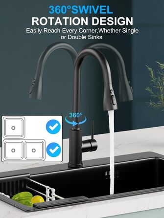 Змішувач кухонний висувний з нержавіючої сталі з 360° обертанням та 4 режимами, для кухонних мийок, з ABS-розпилювачем, підходить лише для ЄС (G3/8)