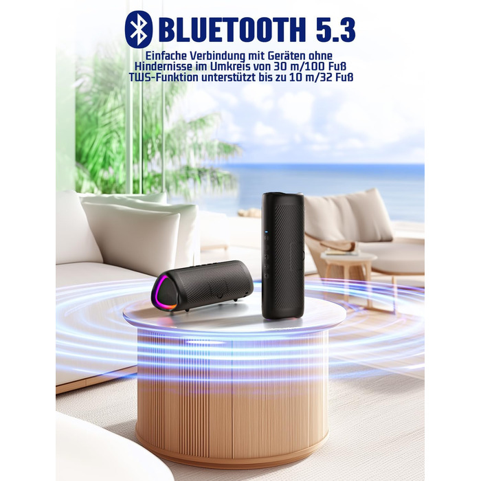 Портативна Bluetooth колонка UOHHBOE 30W з RGB підсвічуванням, TWS Stereo, водонепроникність IPX5, 24 години роботи, 30 метрів, функція гучного зв'язку, трикутна форма