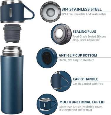 500ml Stainless Steel Thermos Flask with Cup and Handle - Leakproof Vacuum Insulated Travel Bottle for Kids, Sports (Black & Blue)