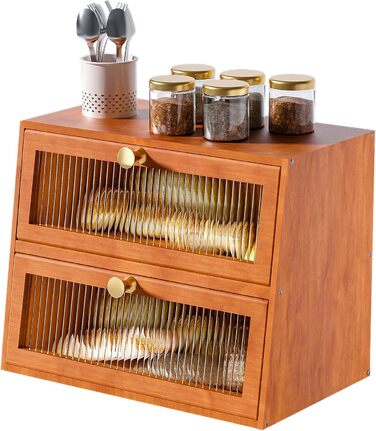 Дерев'яний хлібниця великого об'єму, 2-ярусний, для кухні, стиль хата, з акриловим вікном (колір: коричневий)