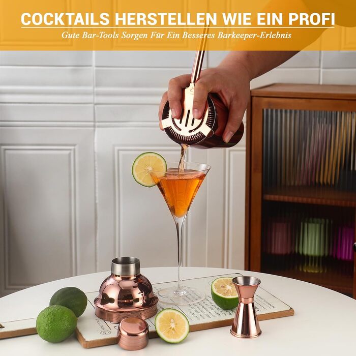 Cocktail Shaker Set, Stainless Steel Cocktail Set with 12-Piece Bar Accessories, 750ML Shaker Bartender Set with Stand, Cocktail Machine Bar Set for Home, Gifts for Men Dad Bartender (Rose Gold)