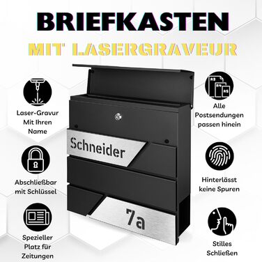 Поштовий ящик з газетницею з нержавіючої сталі, настінний, з замком та відділенням для преси, лазерне гравіювання (чорний)