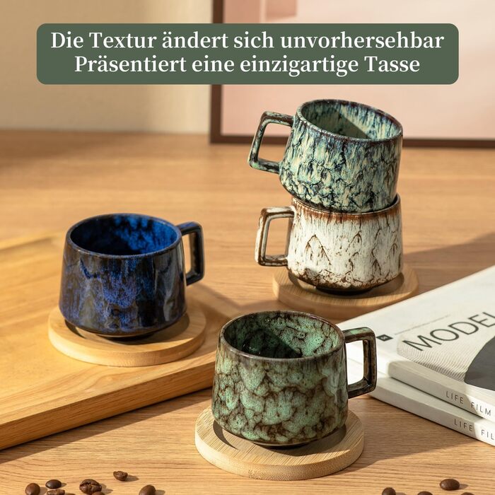 Набір з 4 чашок еспресо 190мл з дерев'яними підставками, керамічні чашки для кави, американо, лате, кави, мока та чаю (бежевий+блакитний+темно-синій+темно-зелений)