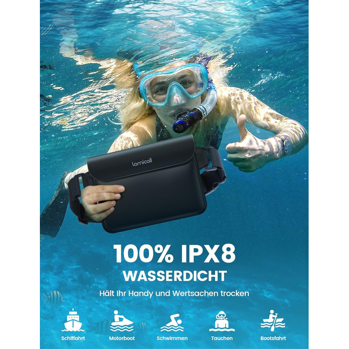 Водонепроникна сумка Lamicall [2 шт.] - водонепроникний поясний мішок з регульованим ремінцем, IPX8, для водного спорту, плавання, пляжу, катання на човнах - чорний