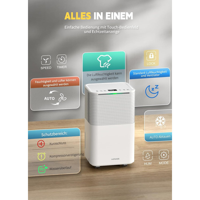 Електричний осушувач повітря 12л/день, сенсорне управління, дисплей, таймер, для дому та сушіння білизни, білий