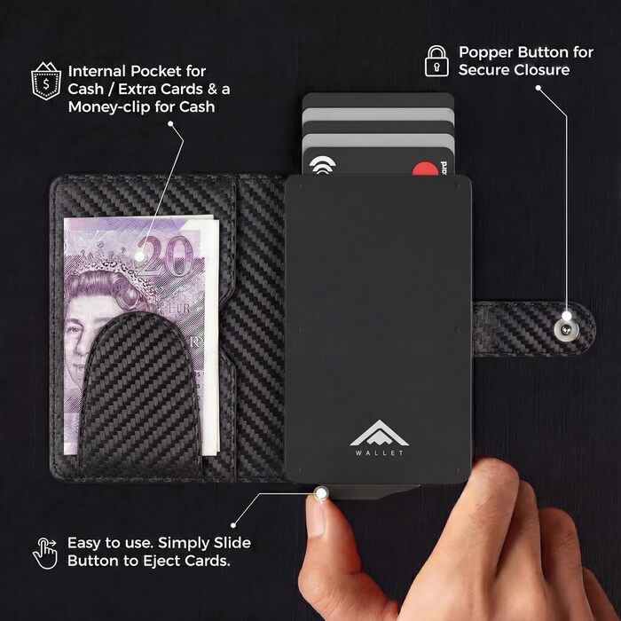 Гаманець чоловічий RFID захист Stealth Wallet - мінімалістичний алюмінієвий картхолдер з чорної шкіри (срібний, класичний)