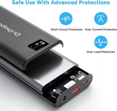 Powerbank Dr.Prepare 16000 mAh: заряд для обігрівальної жилетки, телефону, планшета, маски для очей, вентилятора. 3 виходи: USB, Type-C (In/Out), DC 5V/7.4V