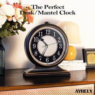AYRELY Vintage Desk Clock, Silent, Non-Ticking, 10-Inch Dial, Table Clock, Retro Mantel Clock and Easy to Read for Living Room