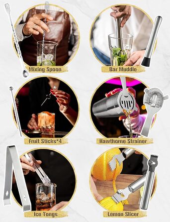 Набір для коктейлів YISSVIC 22 частини: шейкер, мірні склянки, ложка, наливник, підставка з бамбука. Подарунок для професіоналів та початківців