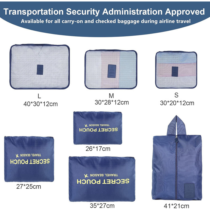 Органайзер для валізи AiQInu, набір 7 шт: кубики для пакування, органайзери для подорожей, сумки для одягу та взуття, темно-синій, одиночний