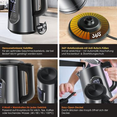 KESSER® Stainless Steel Kettle 1.7 Liter | LED Display | 4-Mode Temperature Setting 40°C-100°C | 30-Minute Keep Warm | Electric Tea Kettle 2200W BPA-Free | Scale Filter & Easy-Open Lid, Anthracite