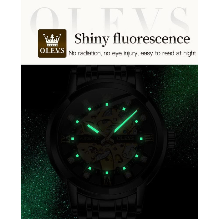 Чоловічий годинник OLEVS Skeleton Automatic — механічний скелетон з автопідзаводом, водонепроникний, сталевий корпус, люмінесцентна підсвітка (Чорний)