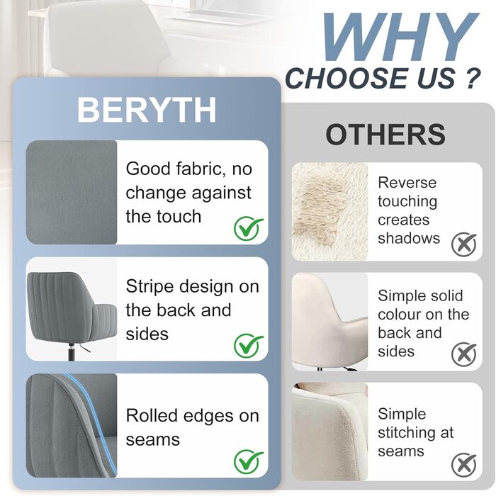 Офісний стілець для дому та офісу до 136 кг, обертовий, оксамитовий, з підлокітниками та колесами, ергономічний, сірий