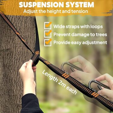 Гамак для кемпінгу NatureFun з москітною сіткою | Макс. навантаження 300 кг, 290 x 140 см | Швидковисихаючий нейлон, повний комплект, чорний