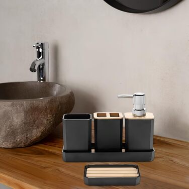 Набір аксесуарів для ванної кімнати Volumoon 5 шт. з бамбука: миловарка, стаканчик для зубної щітки, миловарка, мильниця, чорний. Декоративні аксесуари для ванної та умивальника.