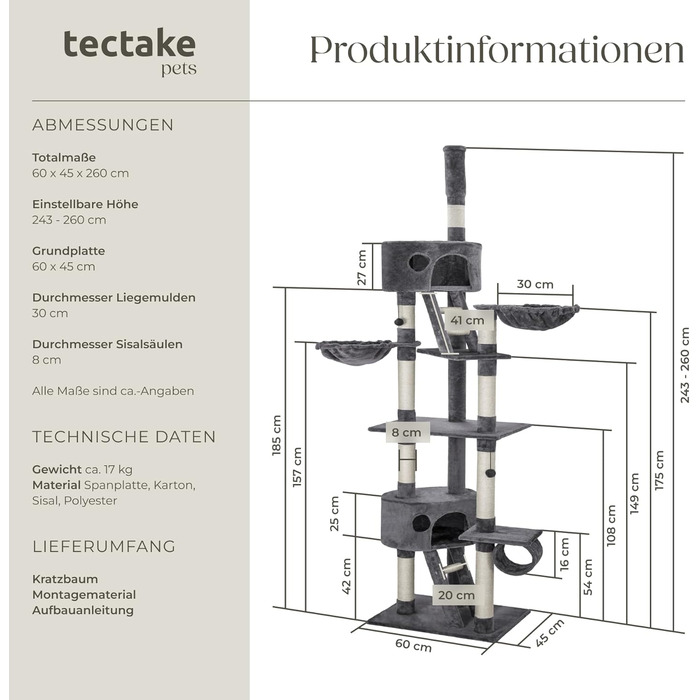 Тектейк (Tectake) Дектейк для котів, великий (XXL), високий, регульований (243-260 см), з драбиною, печерою, трубою, лежаком та сизалевою колоною - сірий (401641)