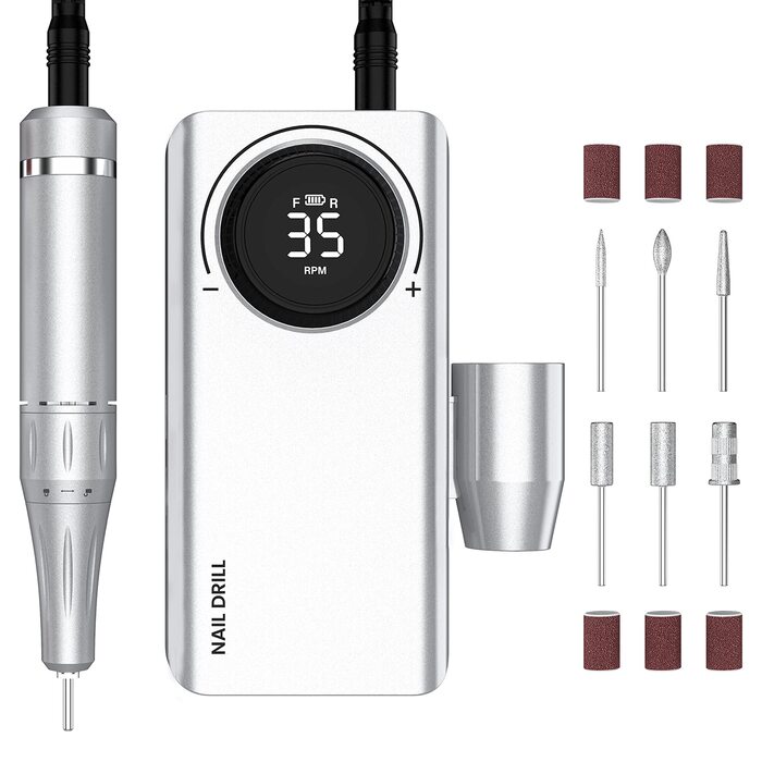 Електричний фрезер для манікюру та педикюру Delanie з акумулятором, 35000 об/хв, для гелю, акрилу, видалення кутикули, LED-дисплей, USB-зарядка (сріблястий)