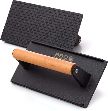 Прес для м'яса з чавуну з дерев'яною ручкою, 18 см, круглий - прес для бургерів, гриль-прес, вага для BBQ, м'яса, бекону, сиру, сендвічів. Діаметр 18 см, круглий (21 x 11 см - квадратний, чорний)