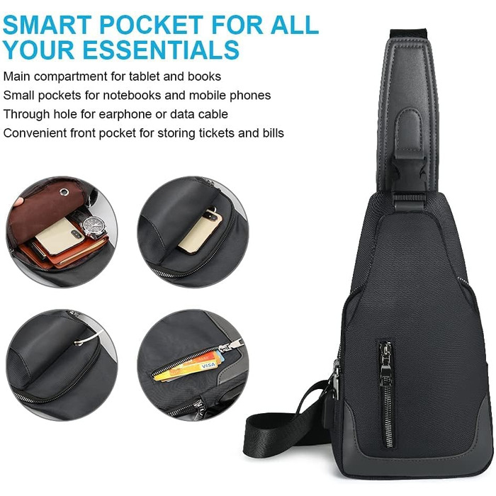 Чоловіча нагрудна сумка-слінг Brusttasche з USB-портом для зарядки, водонепроникна, чорна