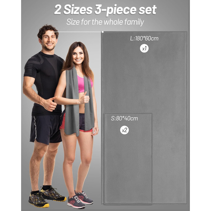 Набір рушників з мікрофібри GZXYA (3 шт.): великий (180x60 см) + 2 маленькі (80x40 см). Швидковисихаючі рушники для спорту та відпочинку. Темно-сірий колір.