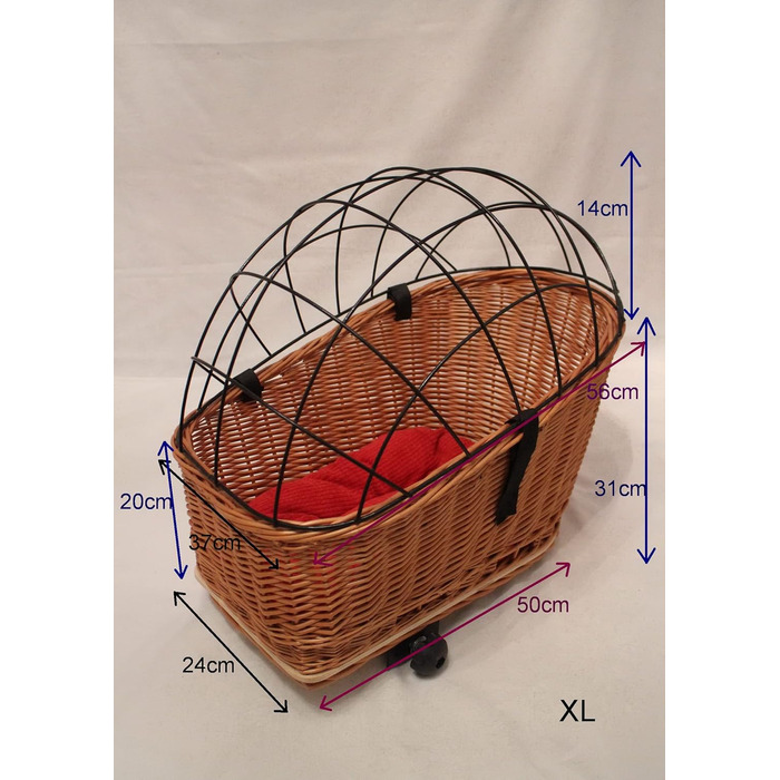 Корзина для велосипеда для перевезення багажу з лози з металевою сіткою та подушкою, чорна XL або XXL. Підходить для собак та інших тварин. Розміри XXL: 60 x 40 x 50 см (без подушки).
