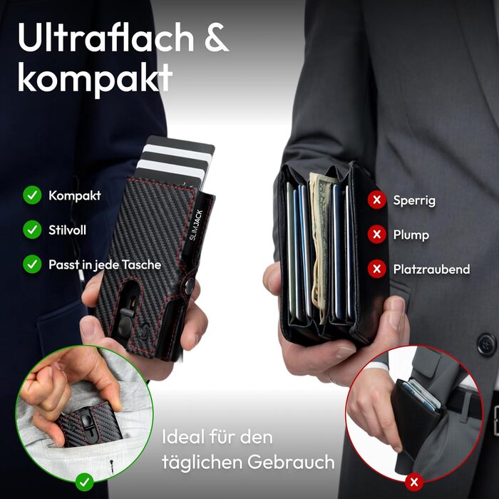 Стильний смарт-гаманець Slimjack з відділенням для монет та RFID-захистом - чоловічий алюмінієвий картхолдер для карт та монет (Carbon Redline)