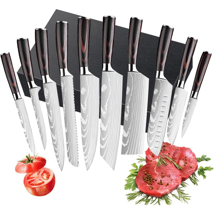 Набір ножів Dfito, 8 предметів: гострі ножі з нержавіючої сталі різних розмірів з зручними ручками. Набір кухонних ножів: гострі, стійкі до корозії, з нековзним покриттям, D8 (10 шт.)