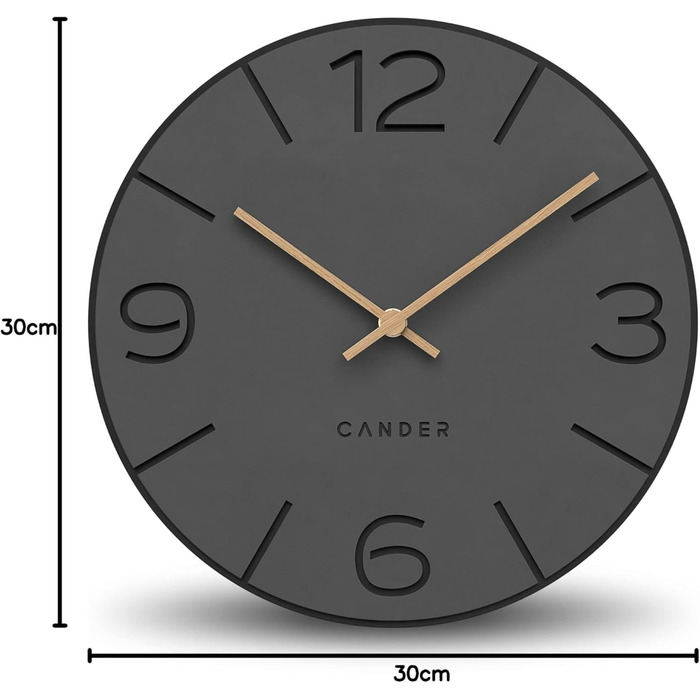 Cander Berlin MNU 2630 Y Wall Clock Silent, No Ticking, 30 cm, Analog, Living Room, Modern, Vintage, Grey, Black, Wooden Hands