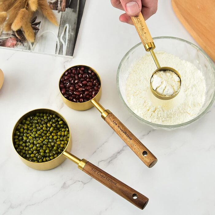 LANTRO JS 8 Measuring Cups, Stainless Steel Measuring Spoons with Wooden Handle, Bartender Scale, Suitable for Home, Kitchen, Baking Tools