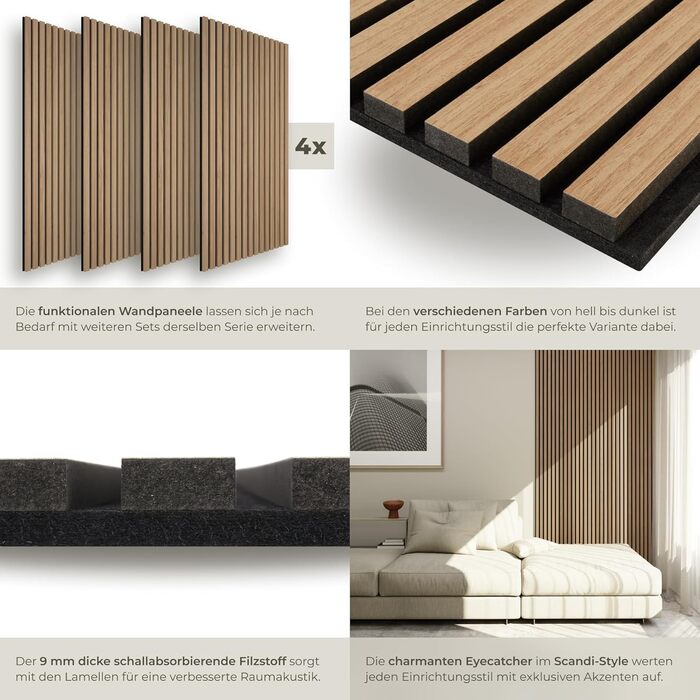 Набір 3D акустичних панелей tectake під дерево 120 x 60 x 2,1 см, шумопоглищаючі стінові панелі для вітальні та кухні, дуб (4 шт.)