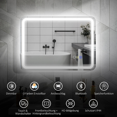 Дзеркало для ванної кімнати HOMCOM з підсвіткою 50x70 см, LED, Bluetooth, сенсорне управління, функція пам'яті, антизапітніюче, 3 кольори світла, срібляне