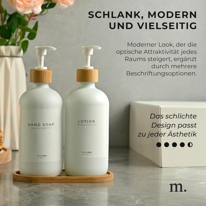 Набір дозаторів для мила та рідкого миючого засобу MaisoNovo | Скляні дозатори для ванної кімнати | 500 мл, білий колір, бамбукова помпа, 2 шт.