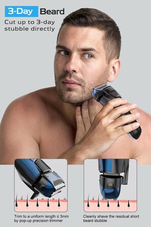 Електрична бритва чоловіча з 3 гнучкими лезами та тримером, синя. Бритва для вологого та сухого гоління, з кейсом для подорожей, акумуляторна, 120 хв роботи. Подарунок для чоловіків
