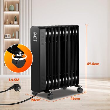 Масляний радіатор Sonnewelt 2500W з WiFi, термостатом та пультом, 11 ребер, чорний