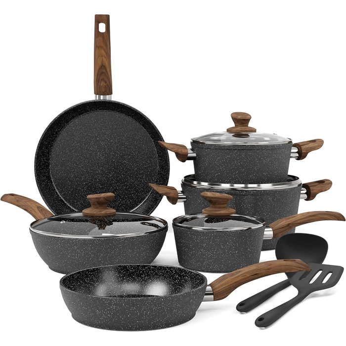 Kitchen Academy Induction Cookware Set - 12-Piece Black Granite Cookware Set, Non-Stick Pot and Pan Set, PFOA & PFOS-Free